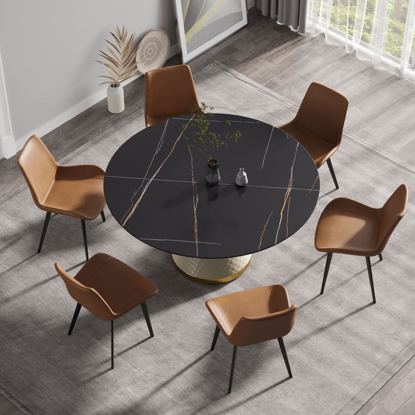 59.05" Modern Artificial Stone Round Carbon Steel Base Dining Table, Can Accommodate 6 People - Black / White