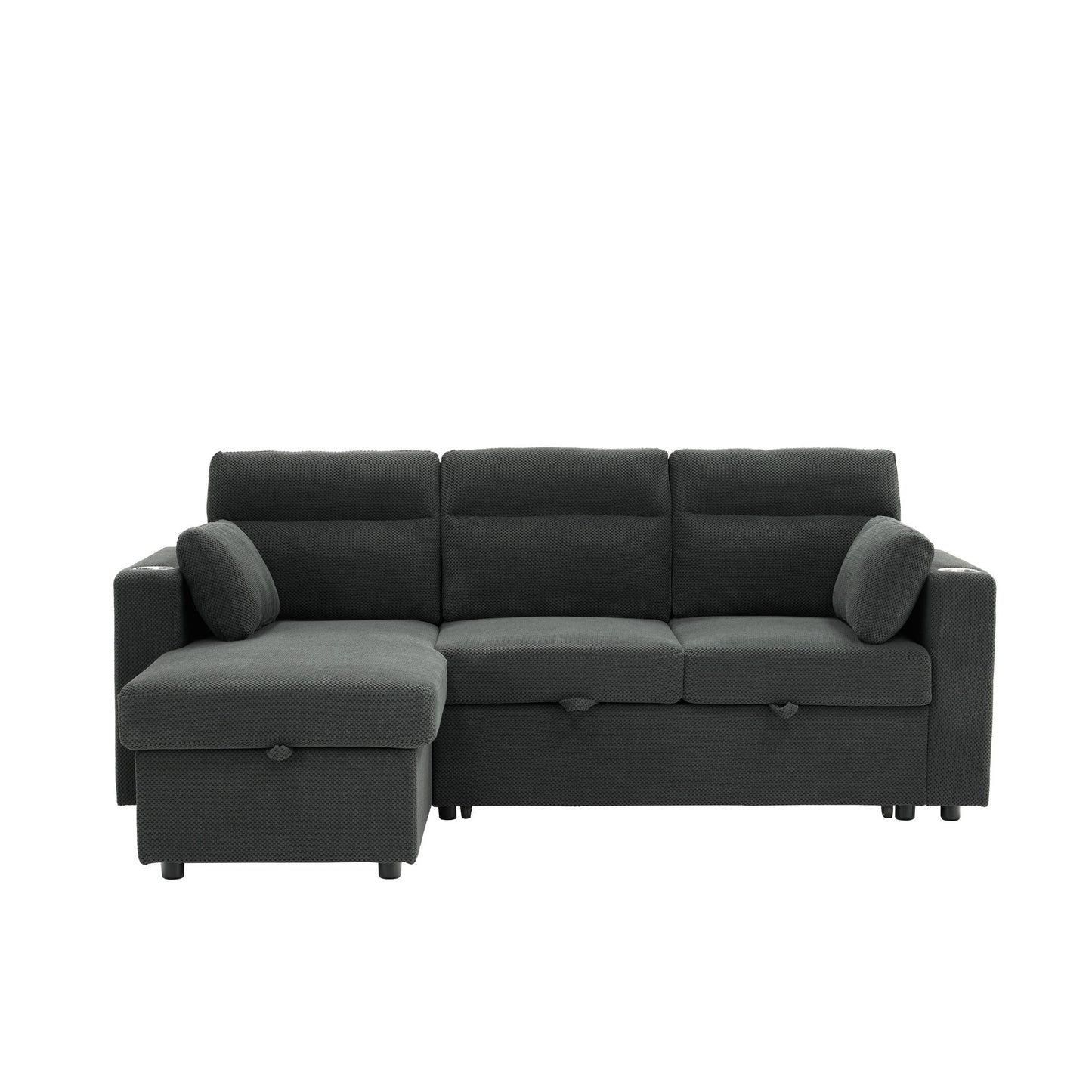 Convertible L - Shaped Sectional Sofa Bed With Storage Chaise, Cup Holders