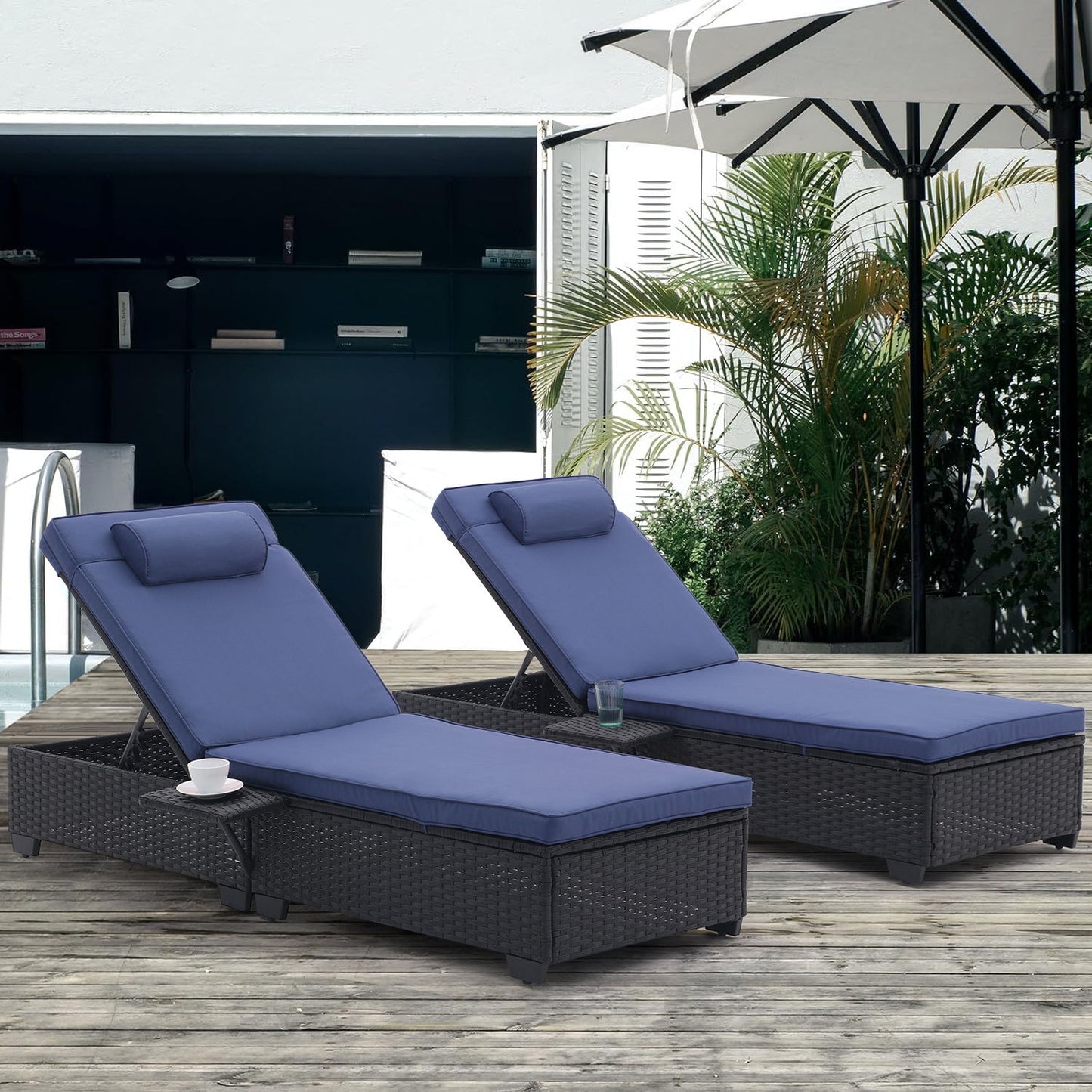 Outdoor Patio Chaise Lounge Chair, Lying In Bed With PE Rattan And Steel Frame, PE Wickers, Pool Recliners With Elegant Reclining Adjustable Backrest And Removable Cushions (Sets of 2)