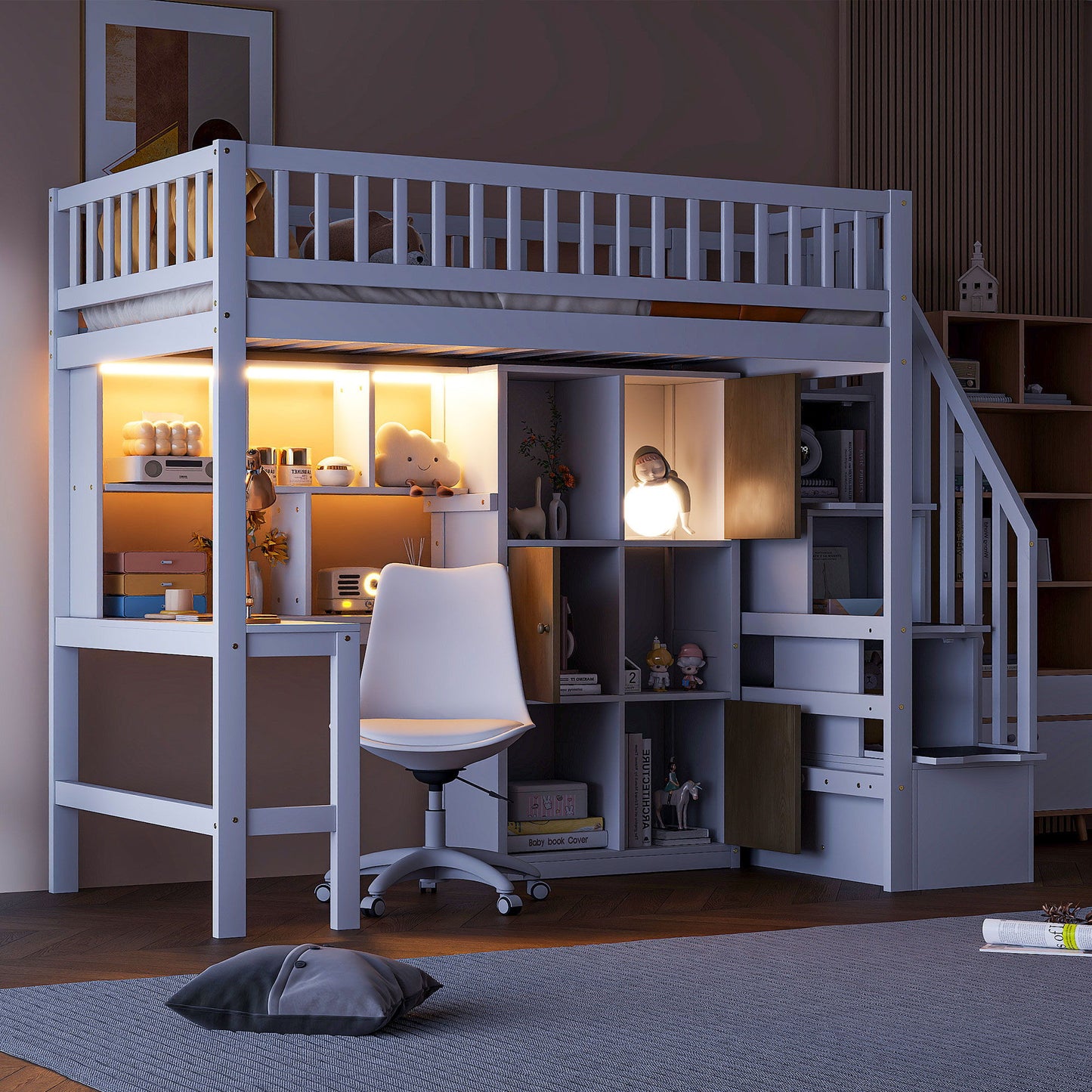 Loft Bed With Built In L Shaped Desk, LED Lights, Storage Shelves, Cabinets, And Staircase