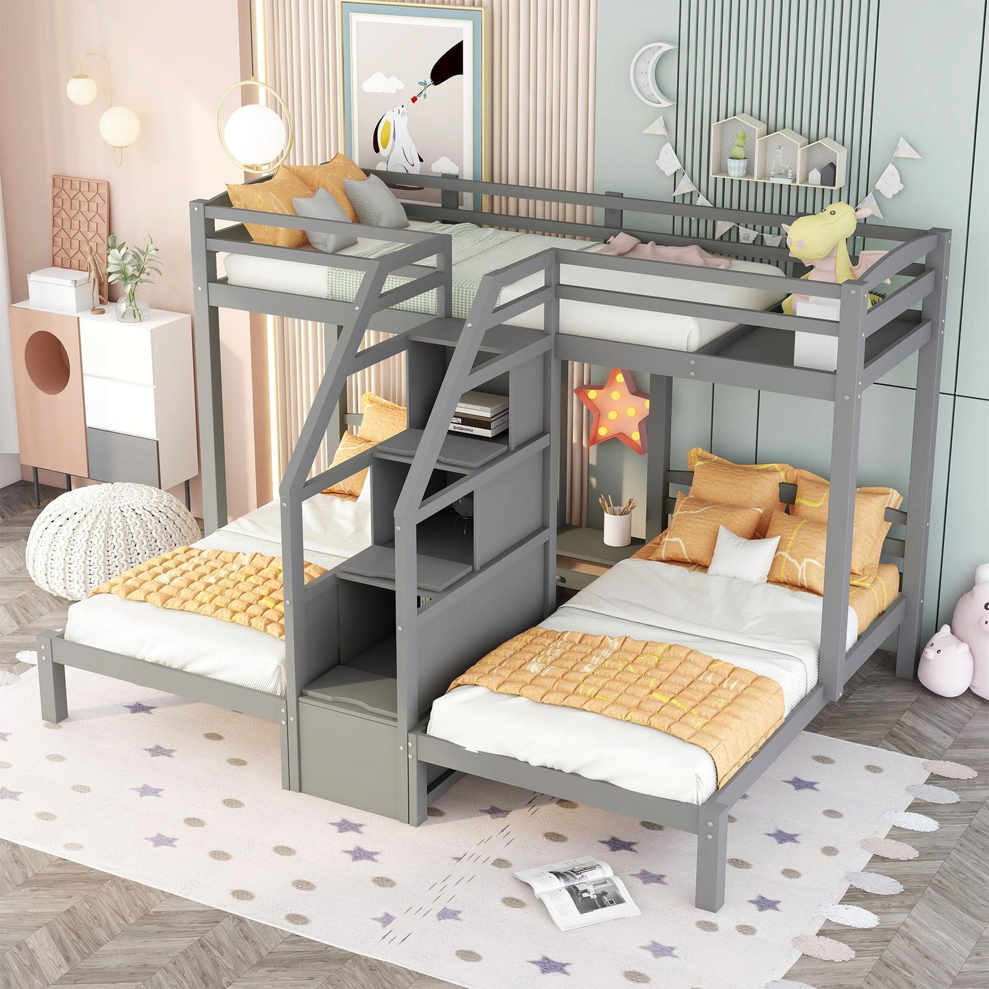 Twin Over Twin & Twin Bunk Bed With Built In Staircase And Storage Drawer - Gray