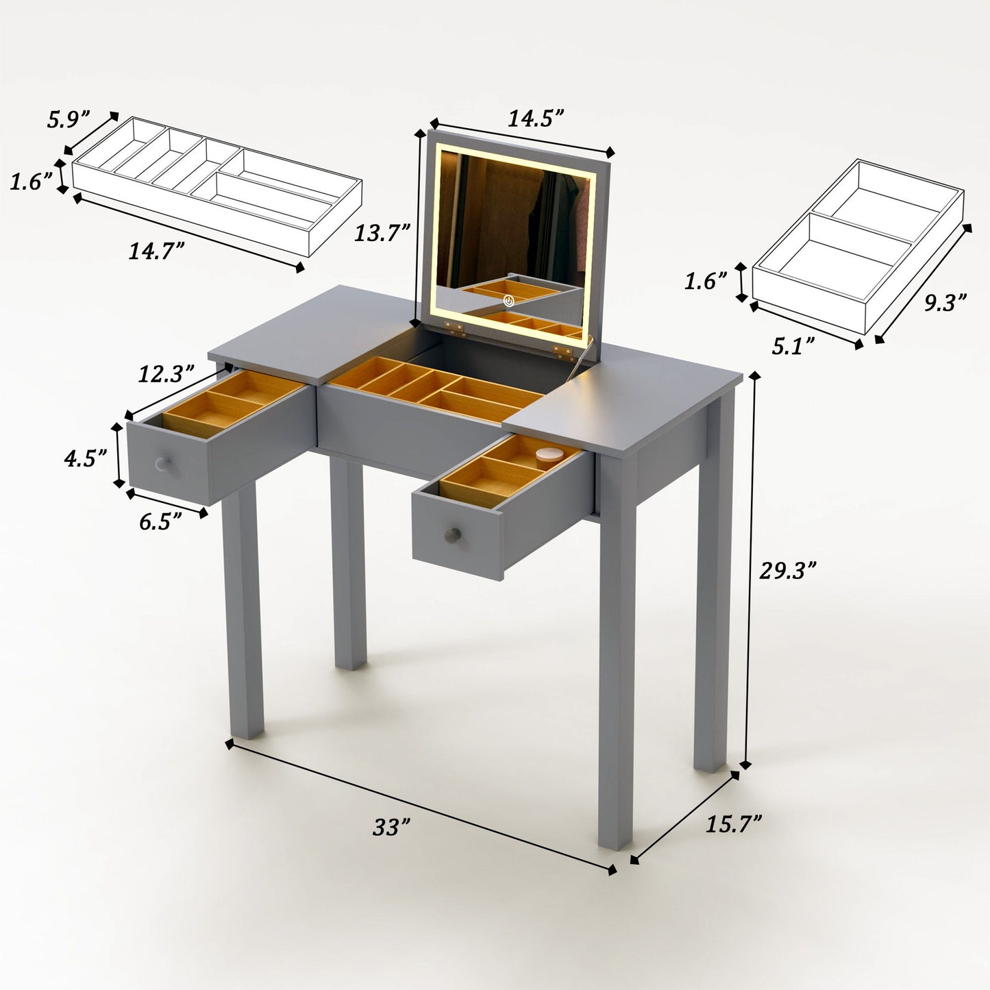 Vanity Table With LED Lights, Flip-Top Mirror And 2 Drawers, Jewelry Storage