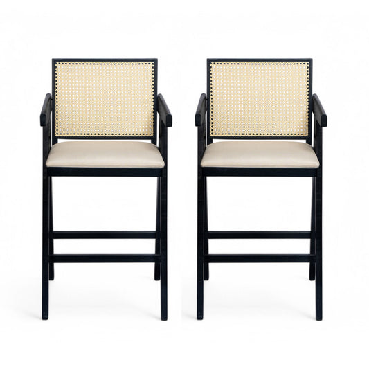 Woven Cane Plastic Backrest Bar Stool Foam Padded Fabric Seat & Durable Rubberwood Frame - Cream Gray