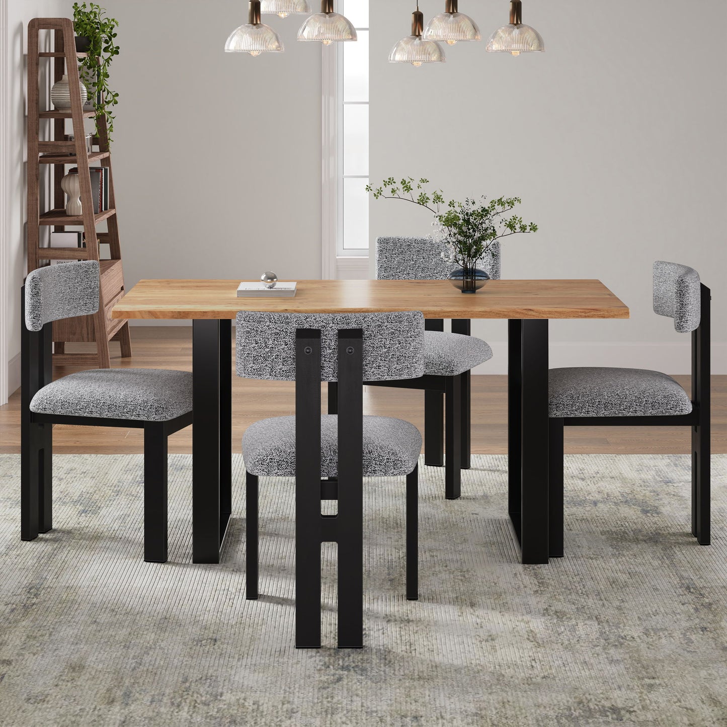 Mid Century 5 Piece Dining Set With Upholstered Metal Leg Chairs And Solid Wood Top Table - Black / White / Natural