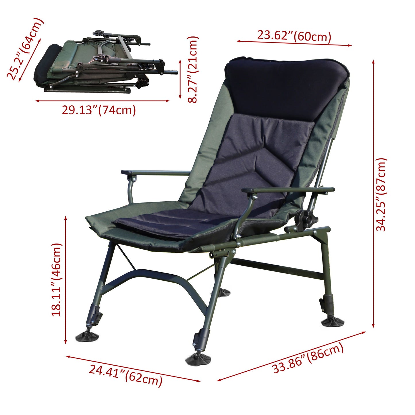 Camping Lounge Chair, Portable Folding Reclining Camping With Adjustable Backrest For Indoor And Outdoor Camping Beach Hiking Fishing - Green / Black