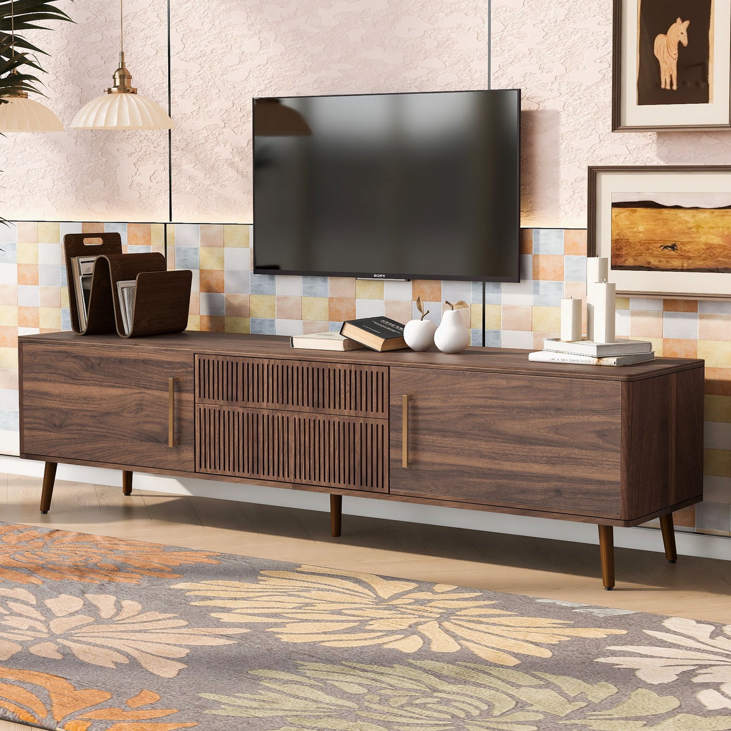 TV Stand With 2 Drawers, Media Console Table For TVs Up To 80'' For Living Room - Walnut