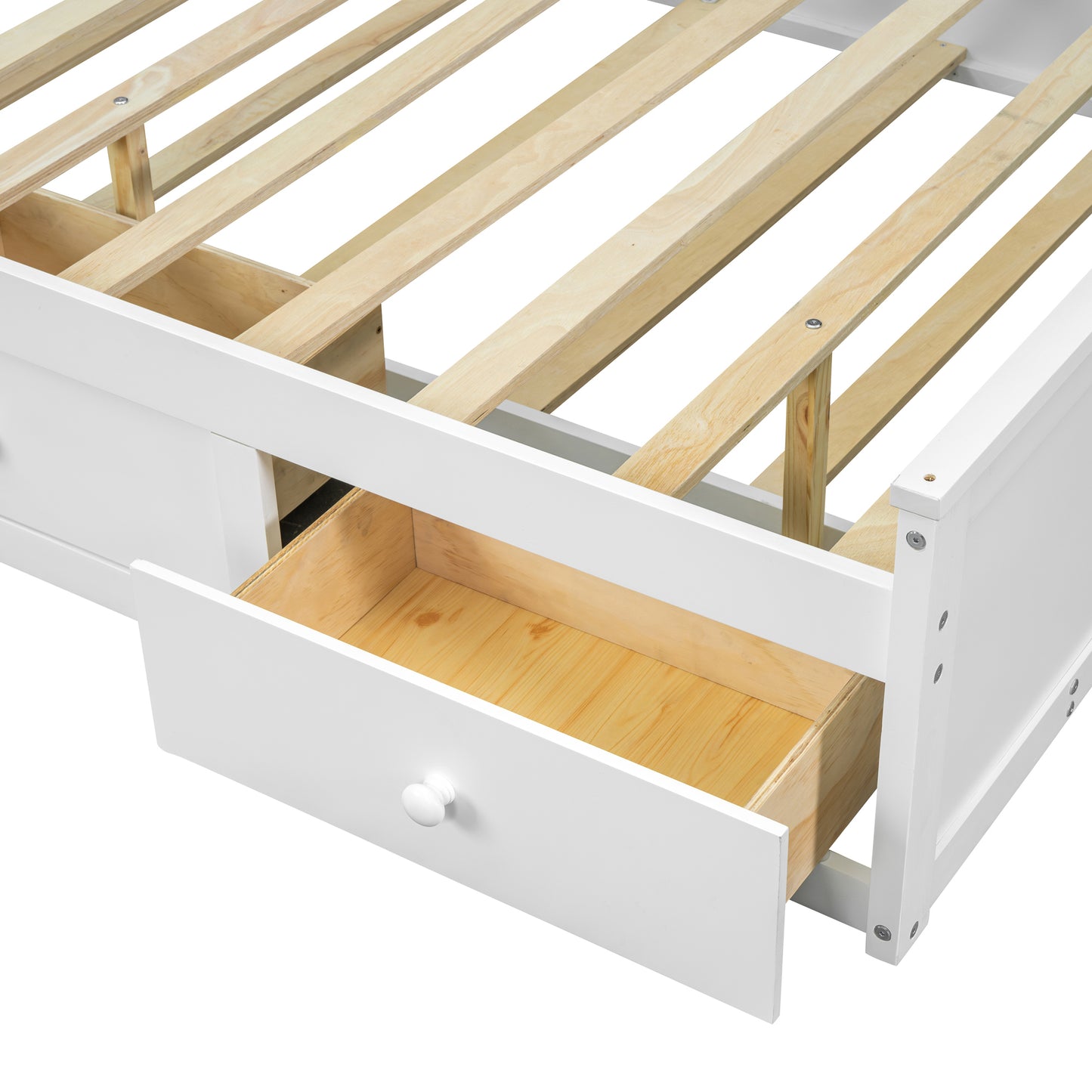 Full Size Wood Pltaform Bed with win Size Trundle, 3 Drawers, Upper Shelves and a set of USB Ports & Sockets, White