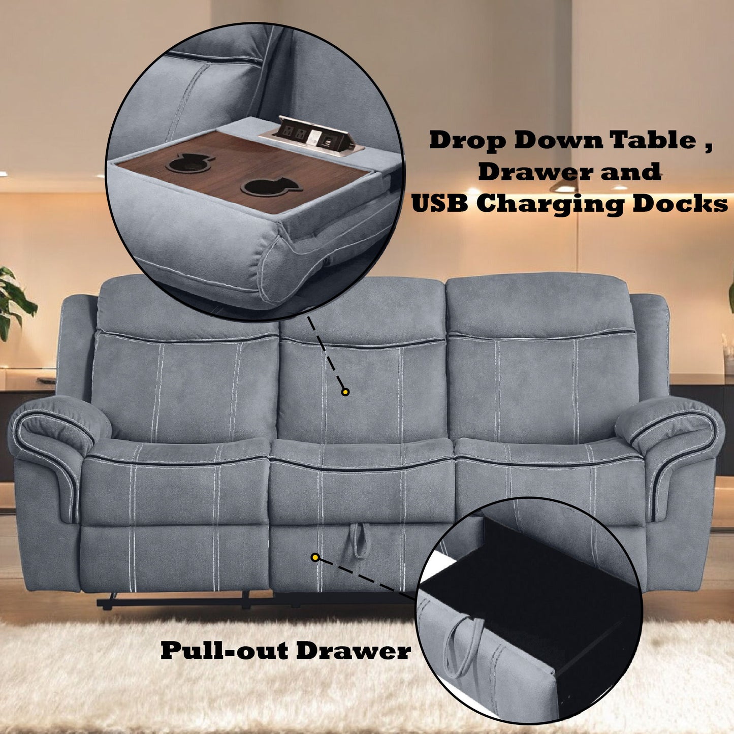 Zubaida - Two Tone Velvet Recliner Sofa With USB Port Drop Down Table