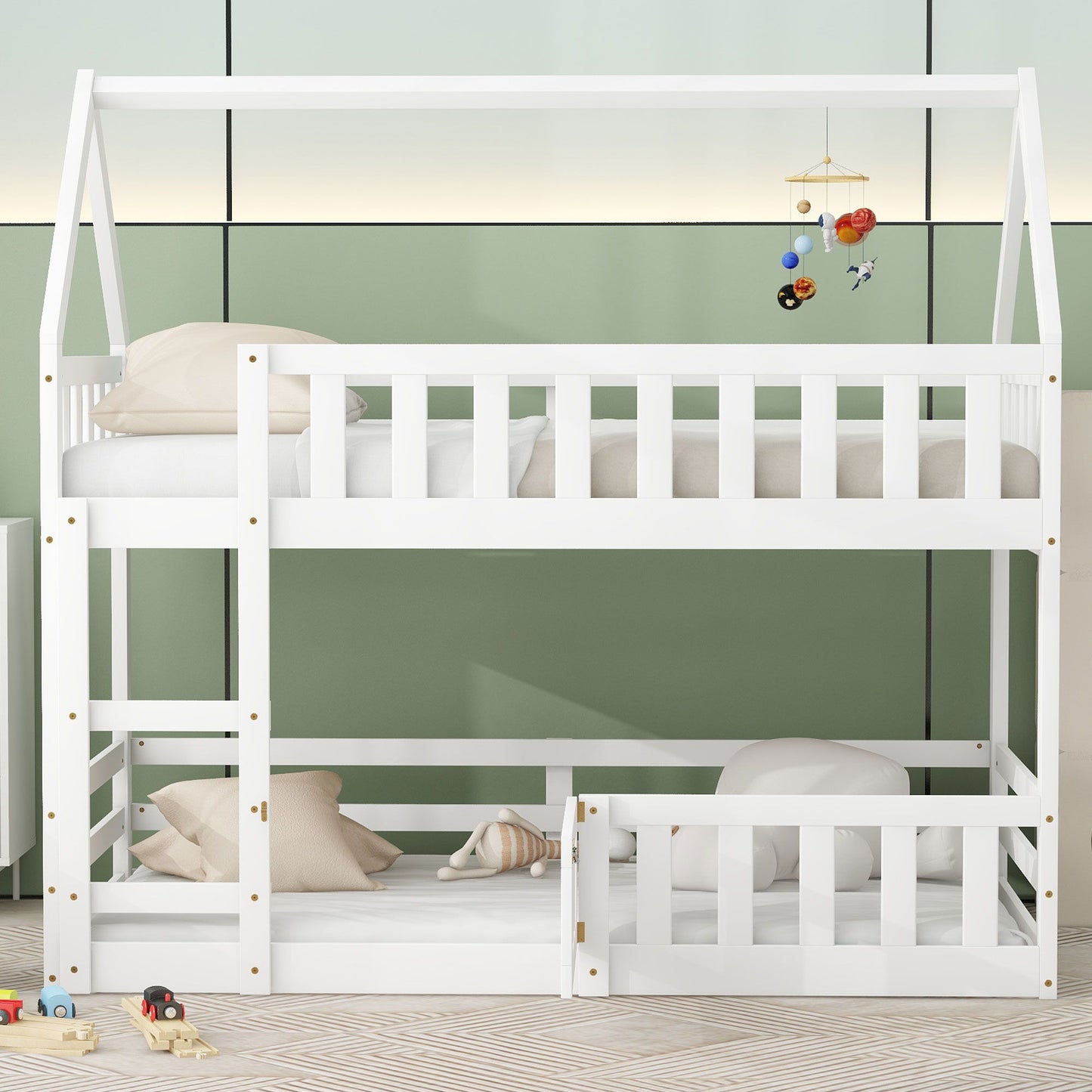 Twin Over Twin House Bunk Bed With Fence And Door