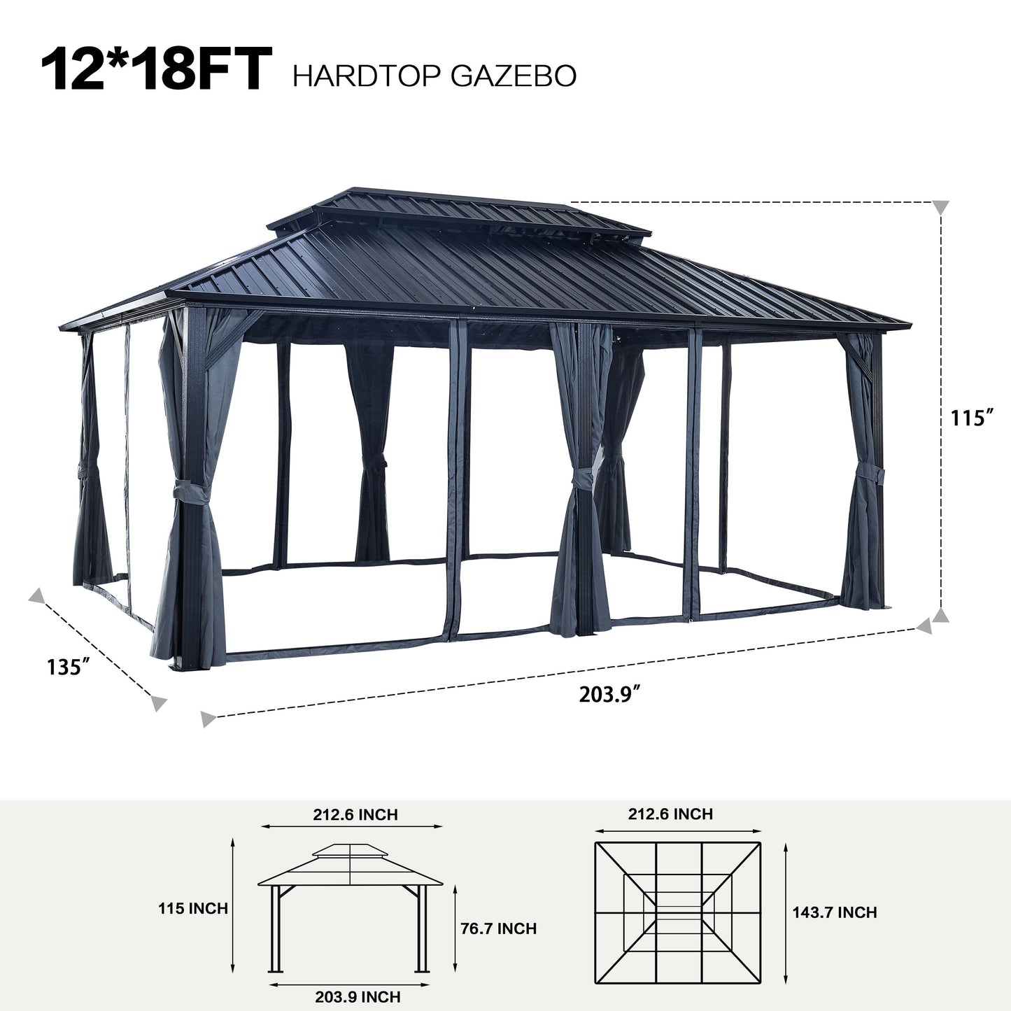 Gazebo Double Roof Canopy With Netting And Curtains, Outdoor Gazebo 2 Tier Hardtop Galvanized Iron Aluminum Frame Garden Tent For Patio, Backyard, Deck And Lawns