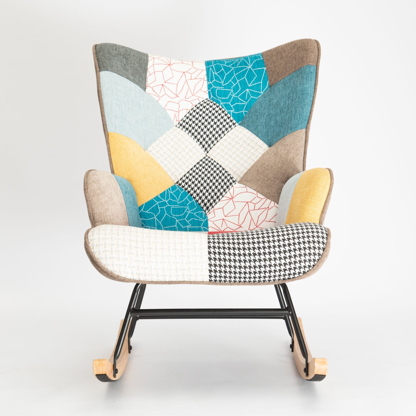 Accent Rocking Chair, Mid-Century Fabric Rocker Chair With Wood Legs And Patchwork Linen For Livingroom Bedroom