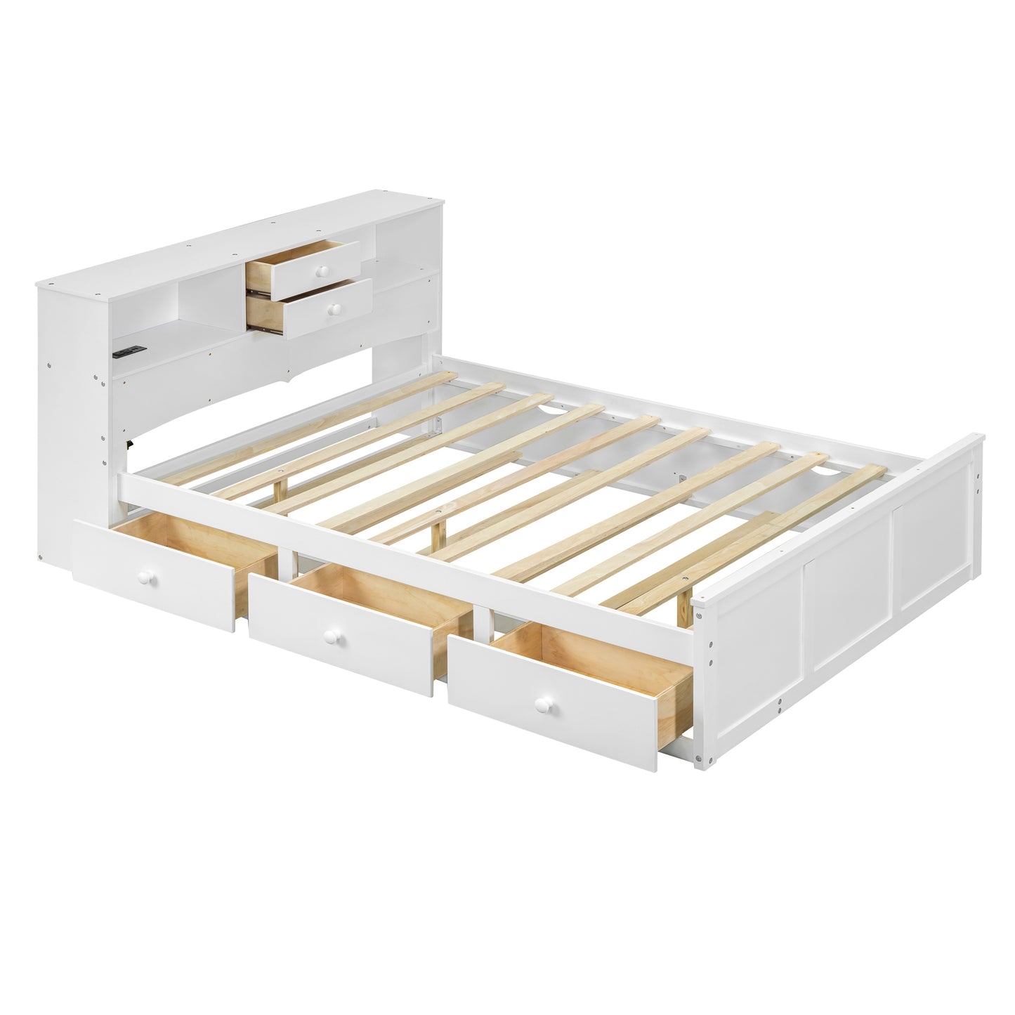 Full Size Wood Pltaform Bed with win Size Trundle, 3 Drawers, Upper Shelves and a set of USB Ports & Sockets, White