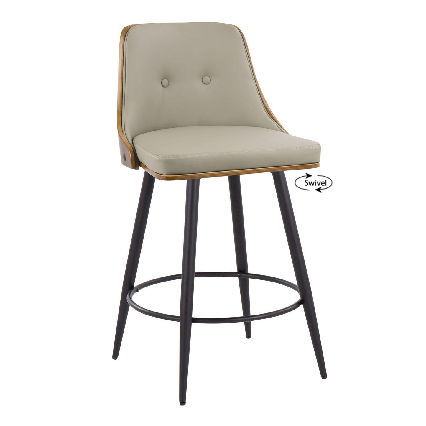 Gianna - Mid-Century Modern Fixed Height Counter Stool With Swivel With Round Footrest (Set of 2) - Matte Black / Walnut / Light Gray