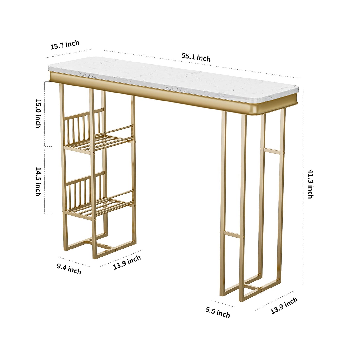 Modern Straight Bar Table With Shelves - White / Gold