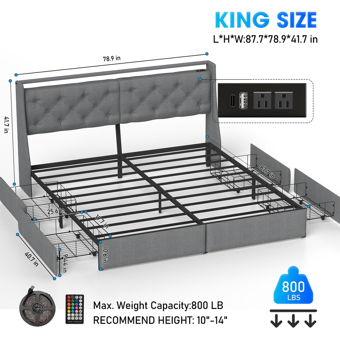 Queen Platform Bed Frame With RGB LED & Charging Station, Storage Headboard - Gray