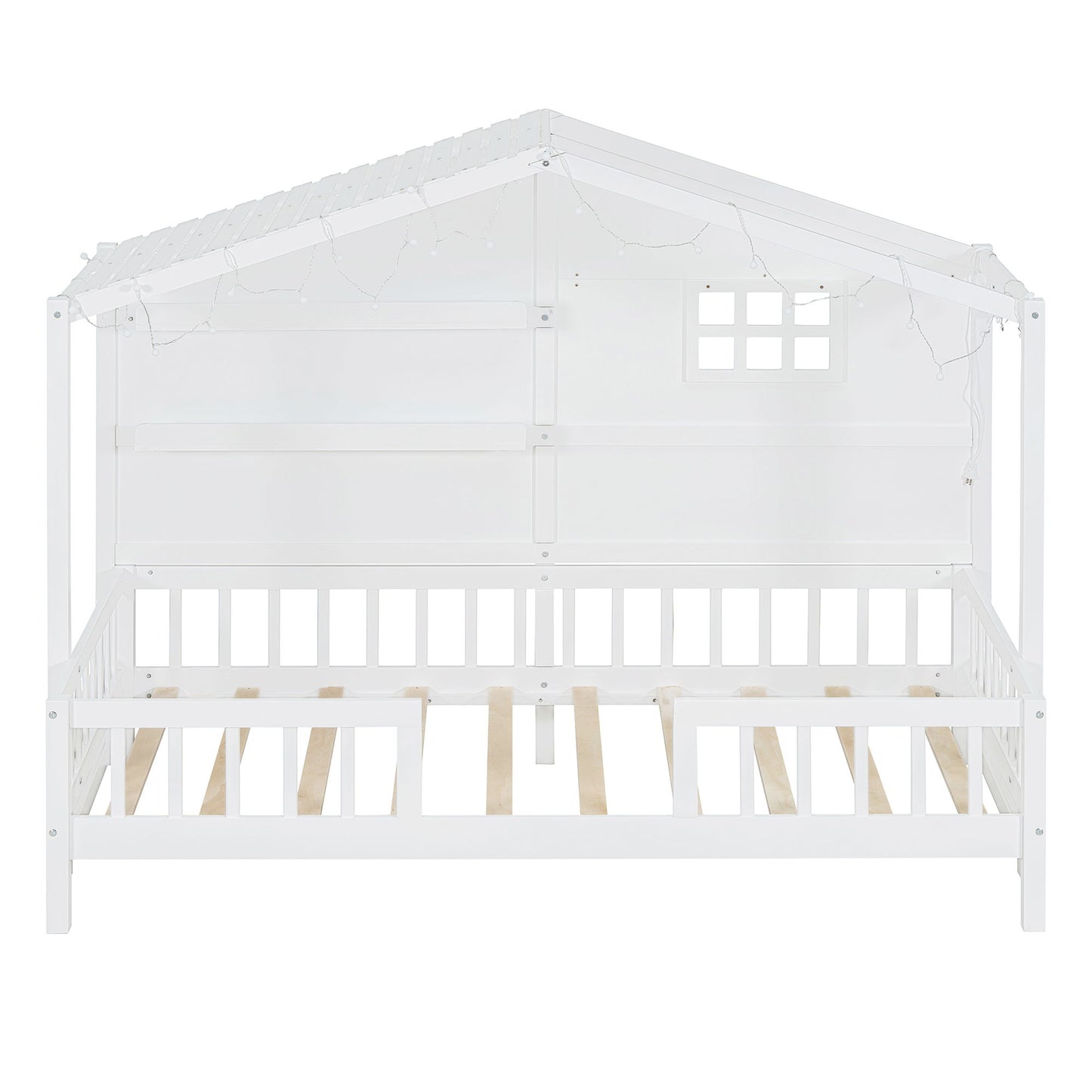 House Bed With Shelves, Window And Sparkling Light Strip On The Roof