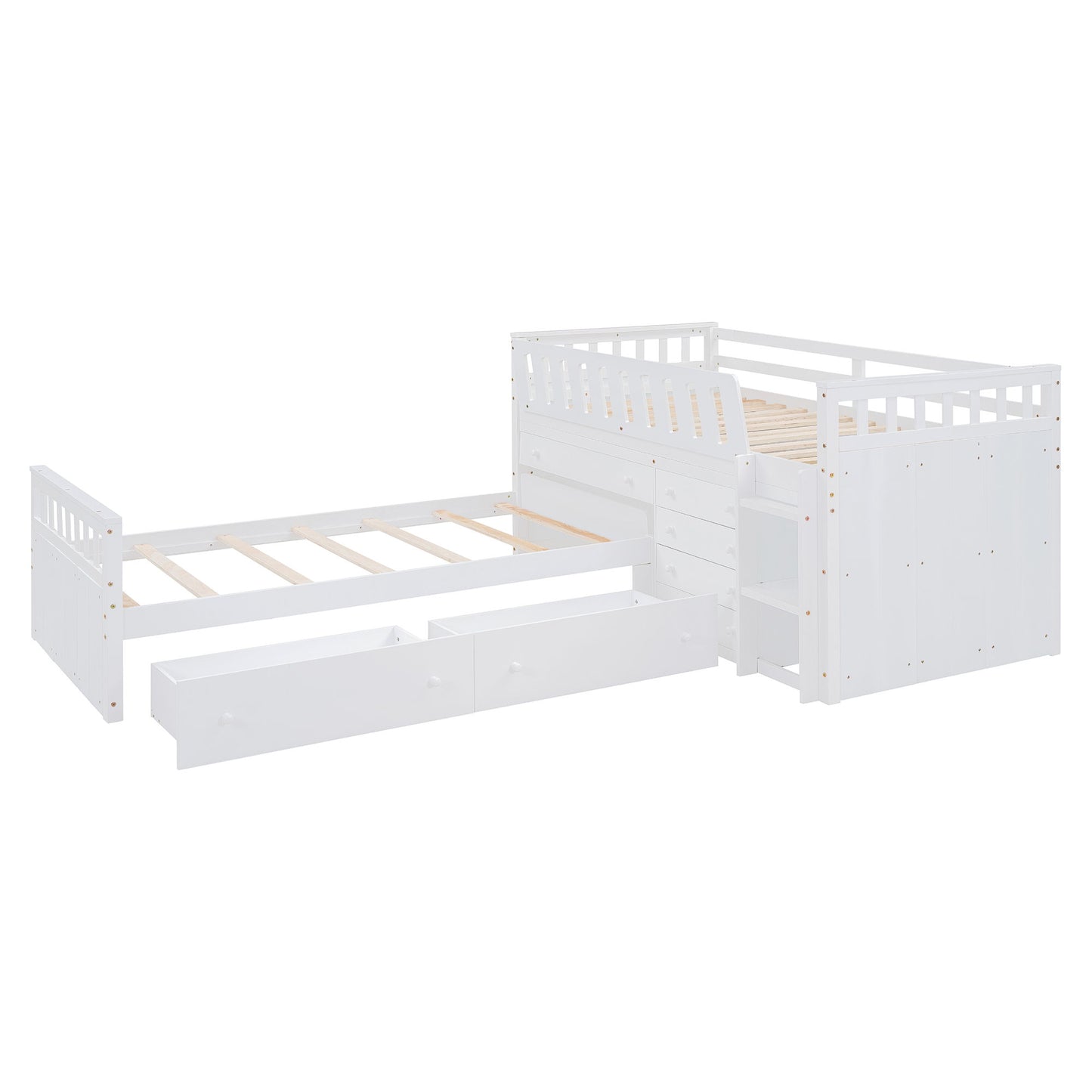 Loft Platform Bed With 7 Drawers And Full Guardrails, Modern L Shaped Space Savin