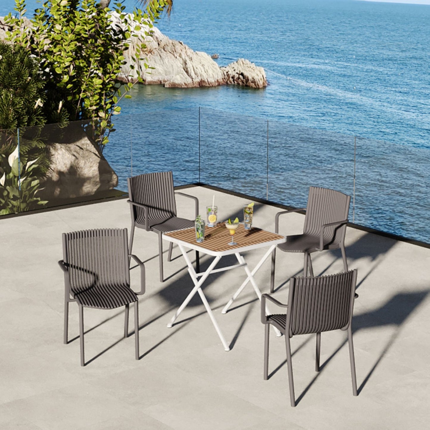 4 Piece Stackable Single Chairs With Vertical Stripe Design For All Weather