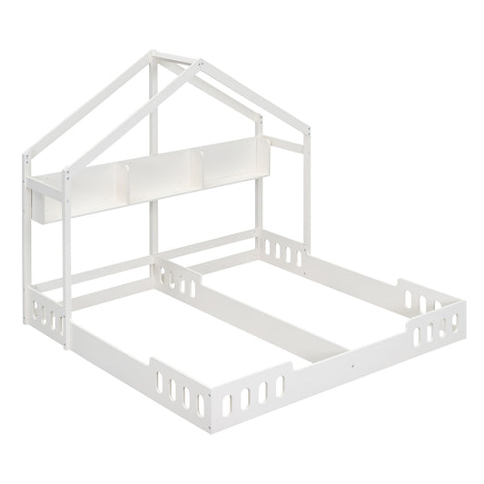 Twin Size Platform Bed With Shared Design, Guardrails, And Built In Shelves - Creamy White