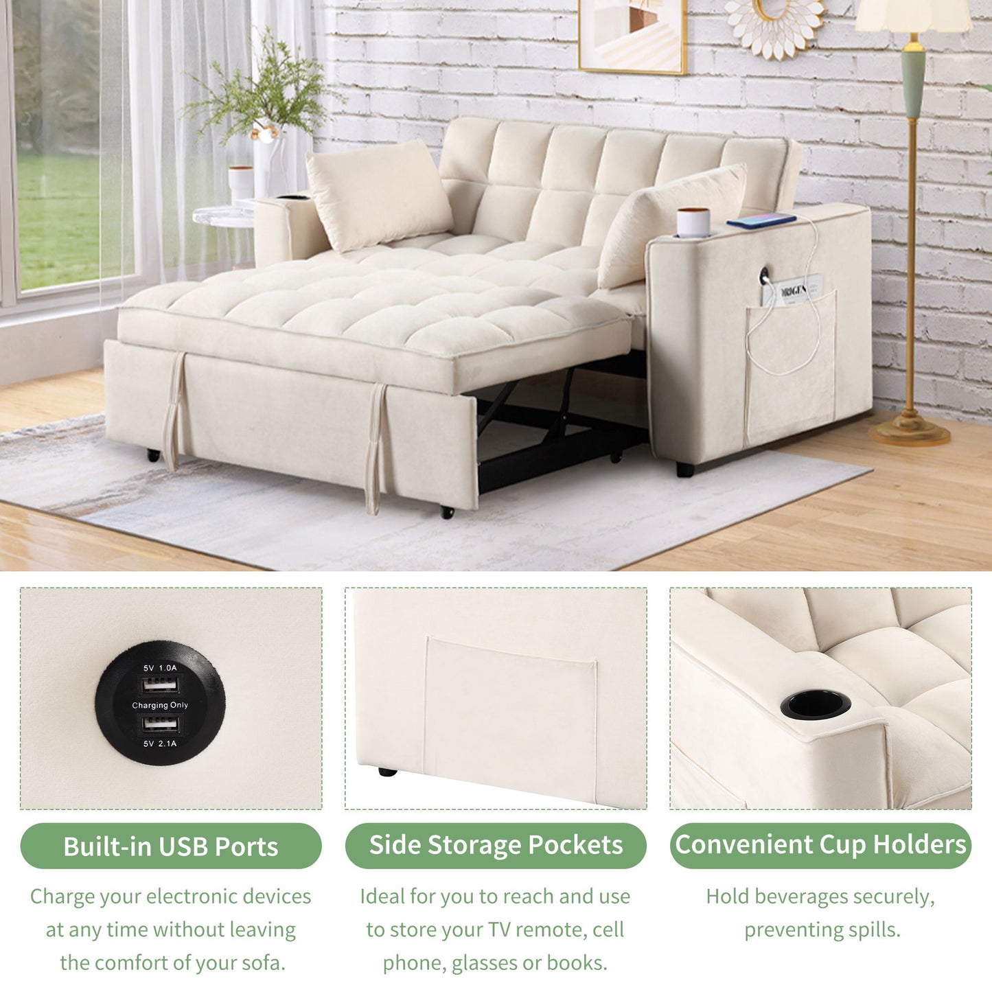 Multi Functional Sofa Bed With Cup Holder And USB Port For Living Room Or Apartments