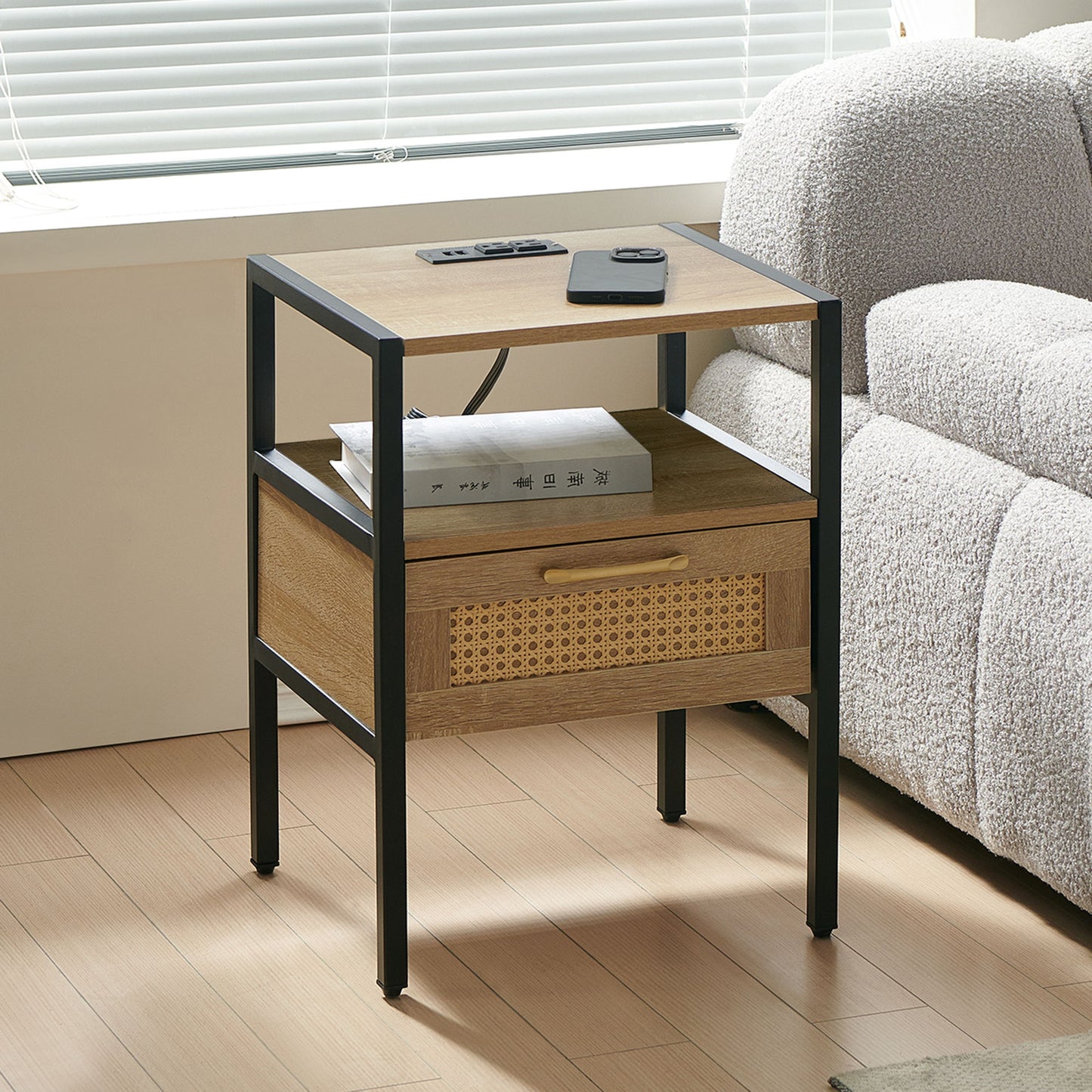 Rattan End Table With Power Outlet & USB Ports, Modern Nightstand With Drawer And Metal Legs, Side Table For Living Room, Bedroom