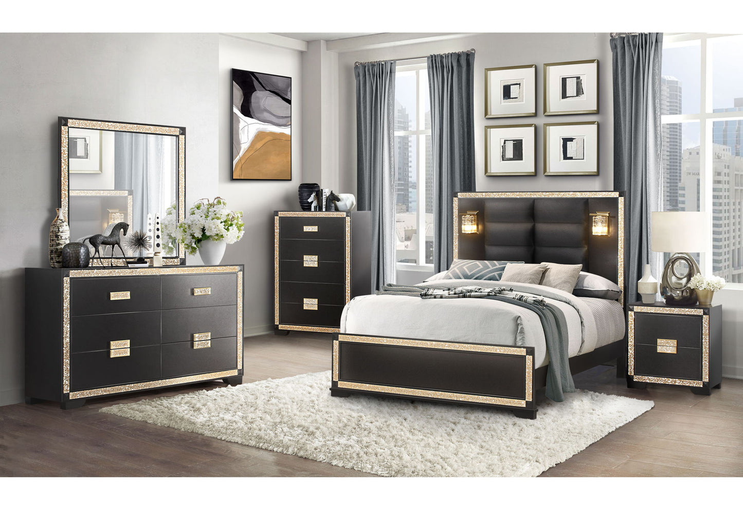 Blake - 6 Piece King Bedroom Set (Bed, Dresser, Mirror, 2 Nightstands, Chest) - Black / Gold