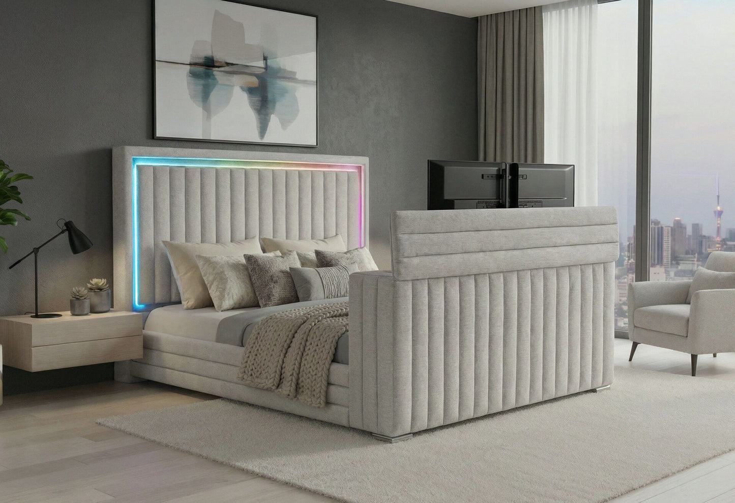 Elias - Queen Bed Headboard With Immersive Sound Speaker And LED - Gray