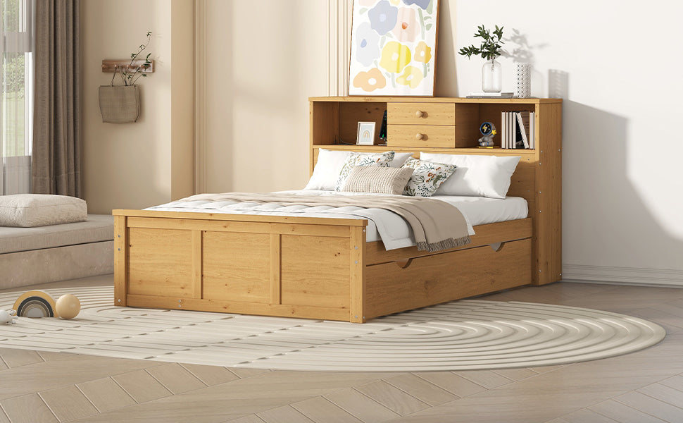 Full Size Wood Pltaform Bed with Twin Size Trundle, 3 Drawers, Upper Shelves and a set of USB Ports & Sockets, Natural