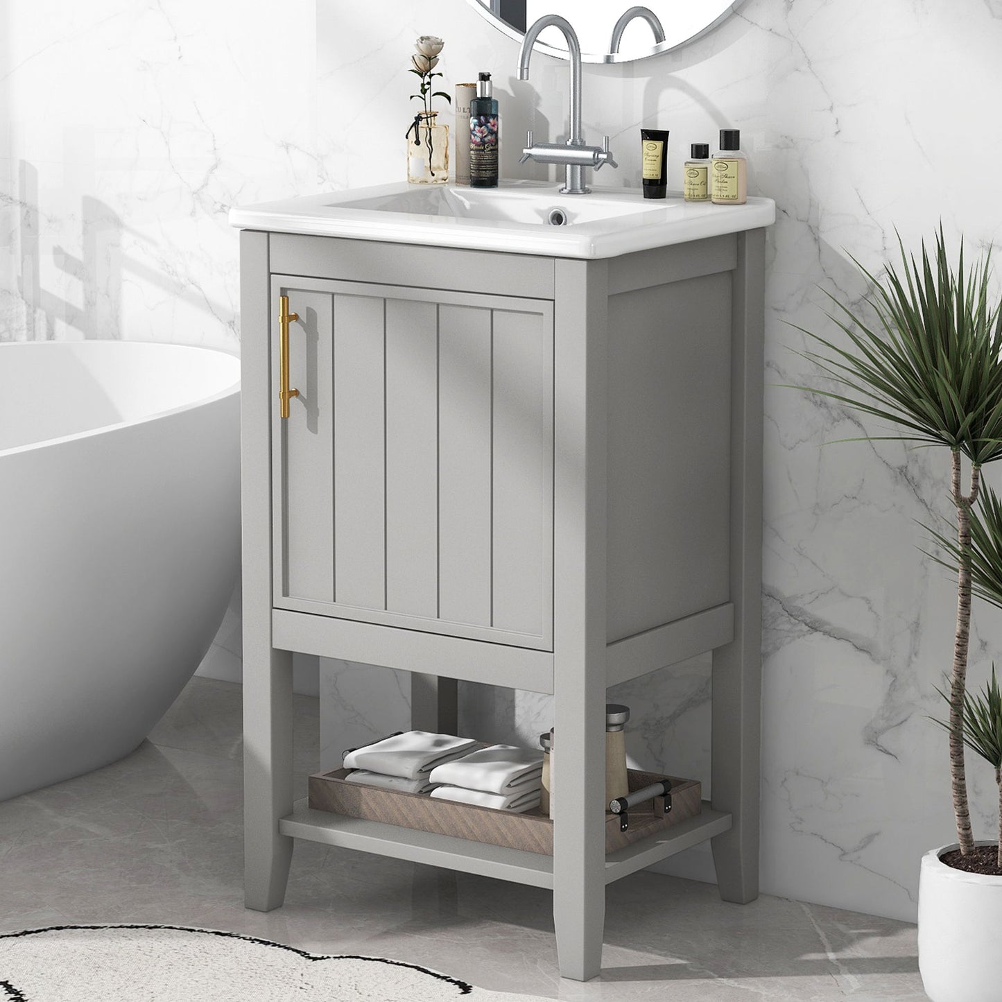 Modern Bathroom Vanity With Sink, Soft-Closing Door And Open Shelf