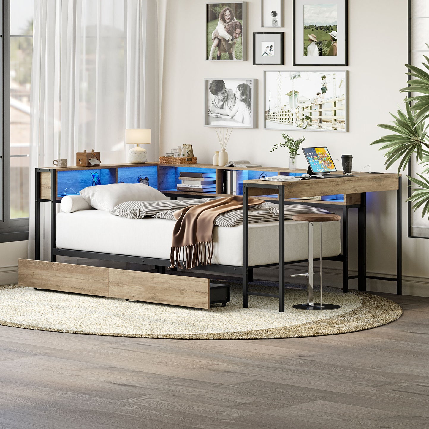 Corner Bed Frame Twin Size With Bookcase And 2 Underbed Storage Drawers, Modern Twin Bed With LED Light And Charging Station, Modern Daybed Reversible Left Or Right - Gray