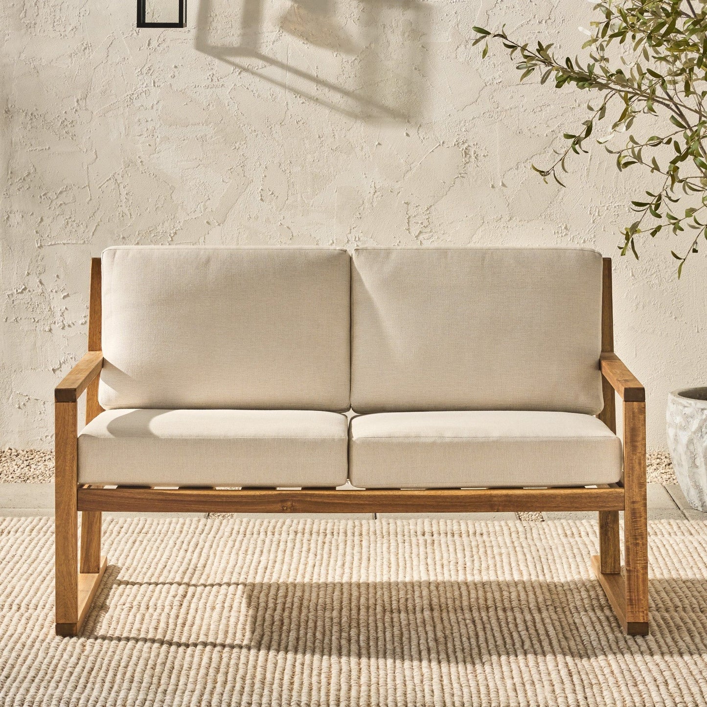 Contemporary Solid Wood Slat Back Patio Loveseat - Natural