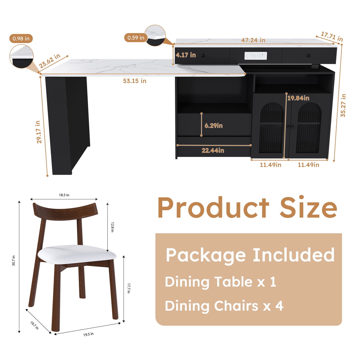 Retro Kitchen Island Set With Chairs, Extendable & Rotating Table, 4 Drawers & Door Cabinets