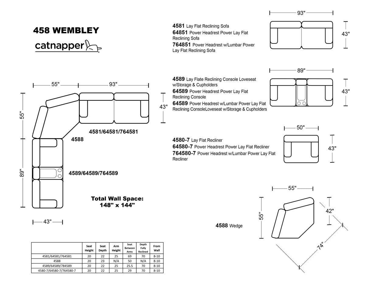 Catnapper Wembley complete three-piece sectional layout and dimensions