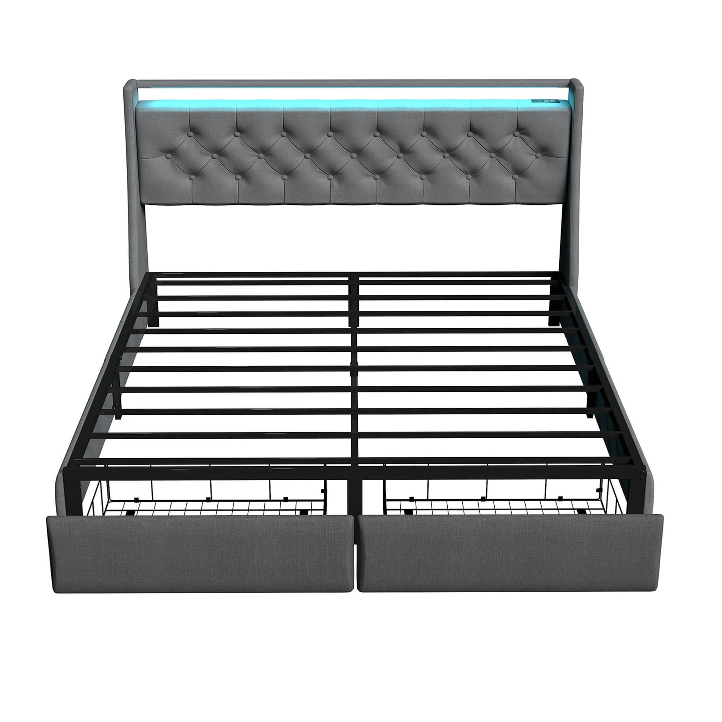Floating Bed Frame With Rgb LED Light, 2 Storage Drawers & Headboard Shelf