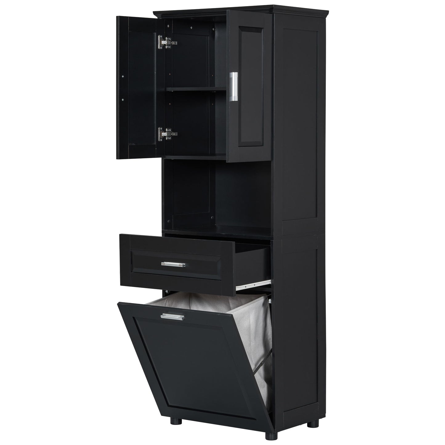 Tall Bathroom Cabinet With Tilt-Out Laundry Basket And Upper Storage