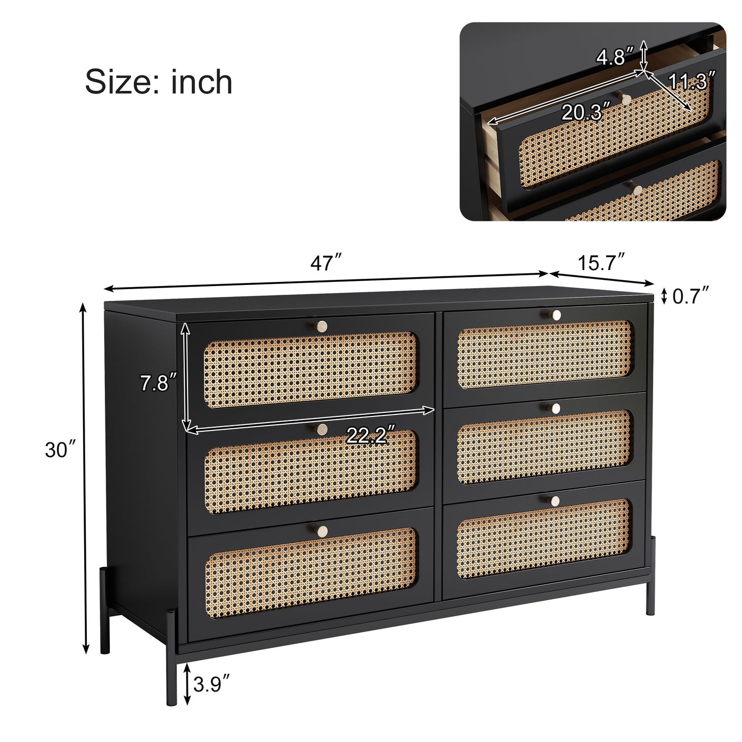 Modern Cannage Rattan Wood Closet 6 Drawer Dresser Wood Storage Cabinet Sideboard For Bedroom, Living Room, Entryway, Hallway