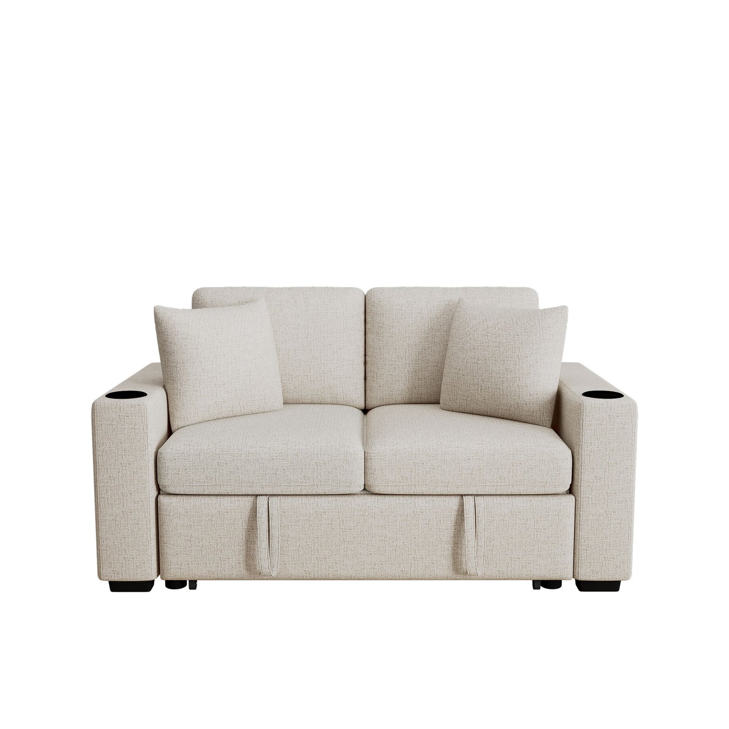 2 Seater Loveseat Sofa With Pull Out Bed, USB Charging, Dual Cup Holders - Beige