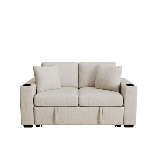 2 Seater Loveseat Sofa With Pull Out Bed, USB Charging, Dual Cup Holders - Beige