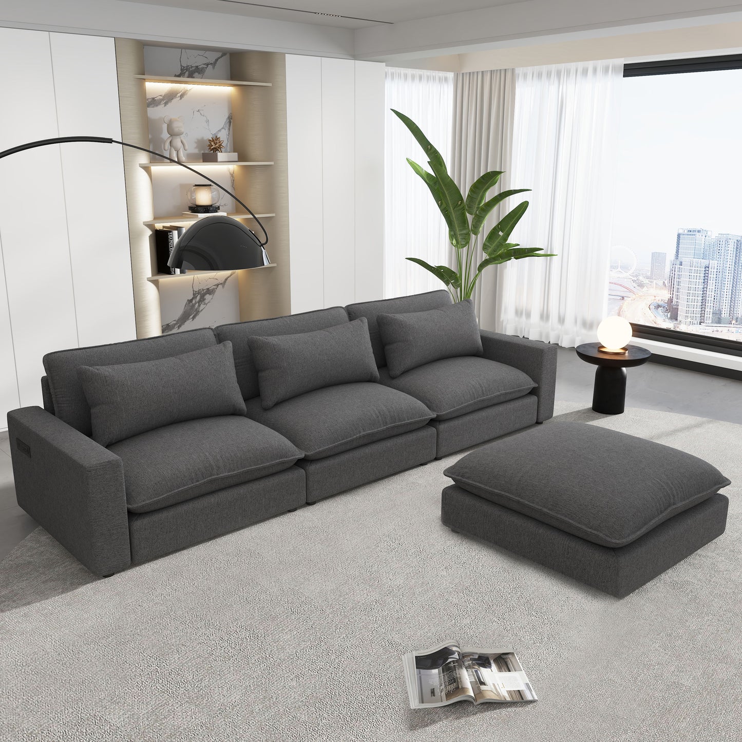 Sectional Sofa Cloud Sofa Chenille Upholstered Sofa Couch With Movable Ottoman, Comfortable Seat Cushions, Charging Ports And Three Back Pillows For Living Room