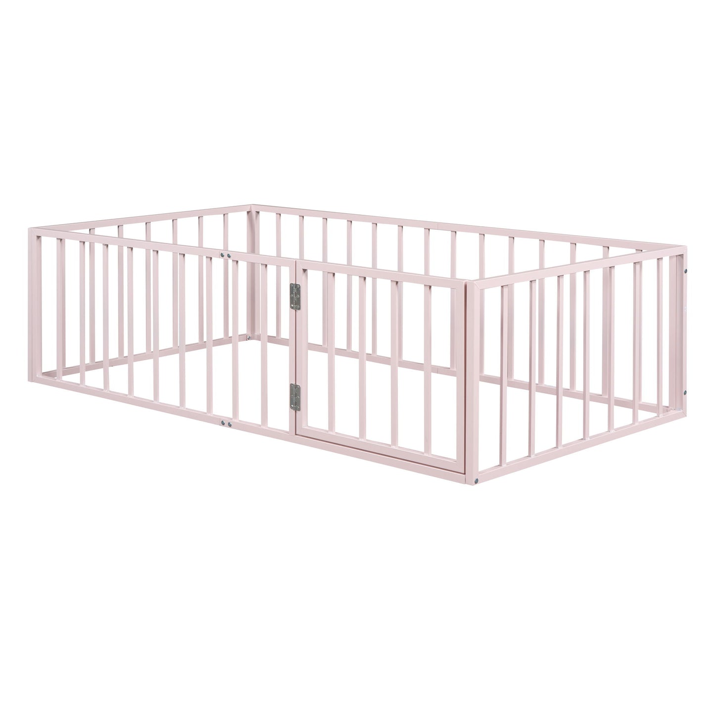 Metal Floor Bed Frame With Fence And Door - Black