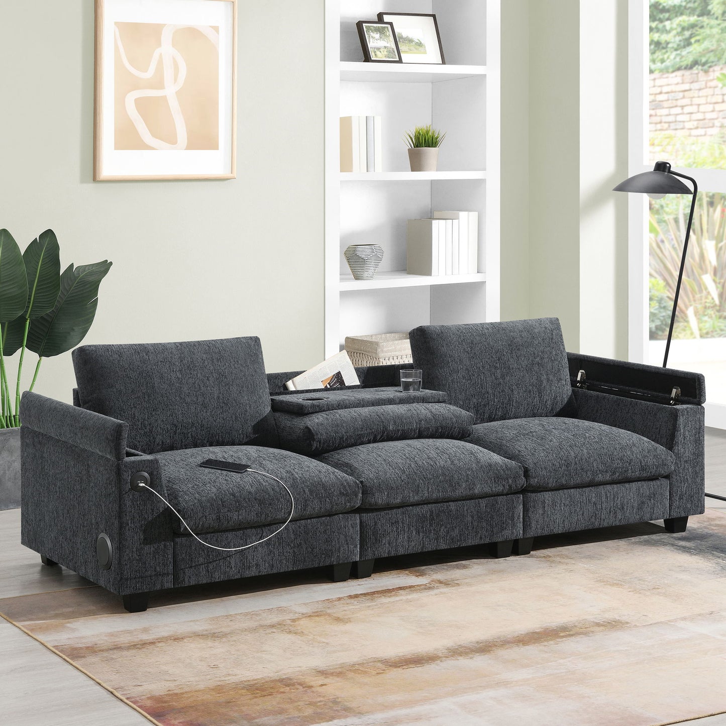 Sectional With Bluetooth Speaker Comfy Cloud Couch Set With Drop Down Table Cup Holders, USB Charger Storage Armrest Wide Seat Sofa