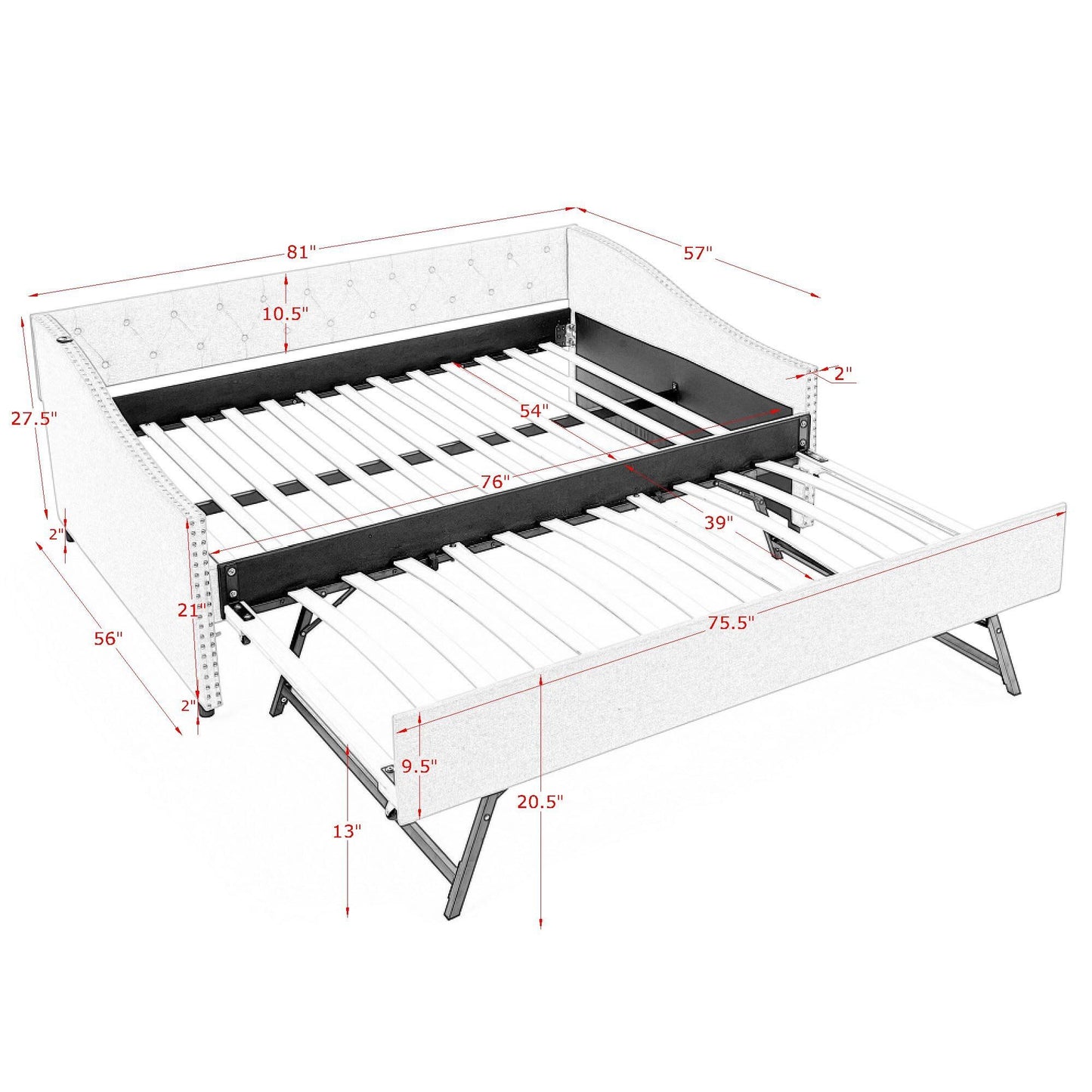 Upholstered Daybed With USB Charging & Pull Out Bed