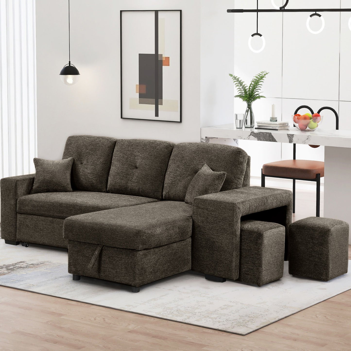 Reversible Sleeper Sectional Sofa Bed With Side Shelf And 2 Stools, Pull-Out L-Shaped Sofa Bed, Corner Sofa-Bed With Storage Chaise Left / Right Hande For Living Room