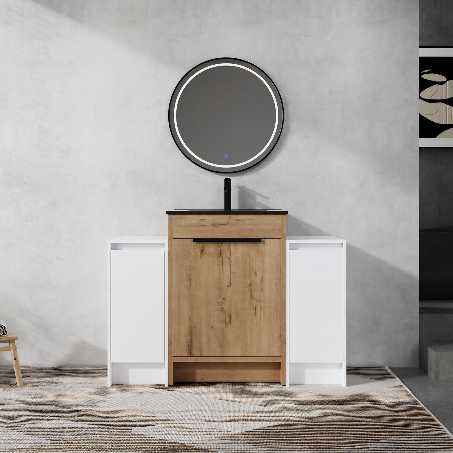 48" Freestanding Bathroom Vanity With Sink And 2 Storage Cabinets, Soft Closing Door - Glossy White / Imitative Oak