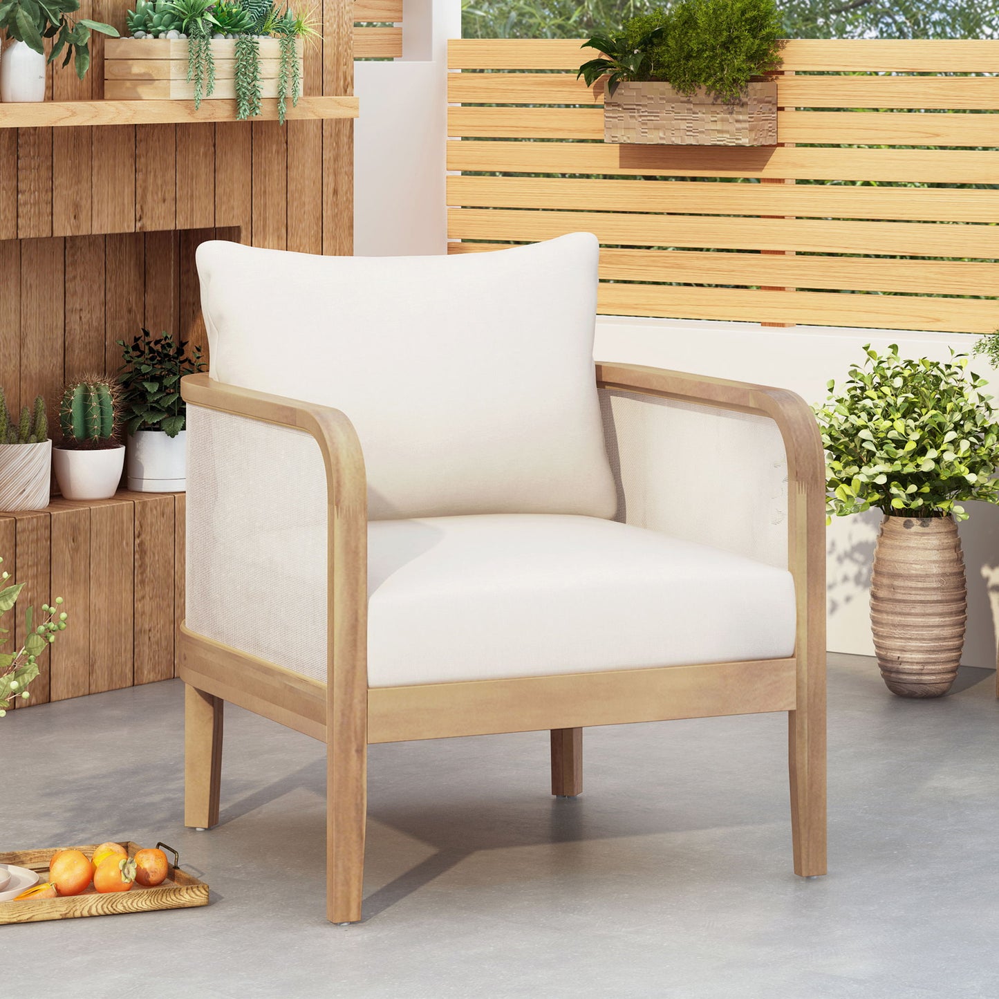 Outdoor Acacia Wood Patio Club Chair, Textilene Patio Furniture, Waterproof Thick Cushion Deep Seating For Porch, Garden, Backyard, Balcony, Weight Capacity 400Lbs, Light Teak - Beige
