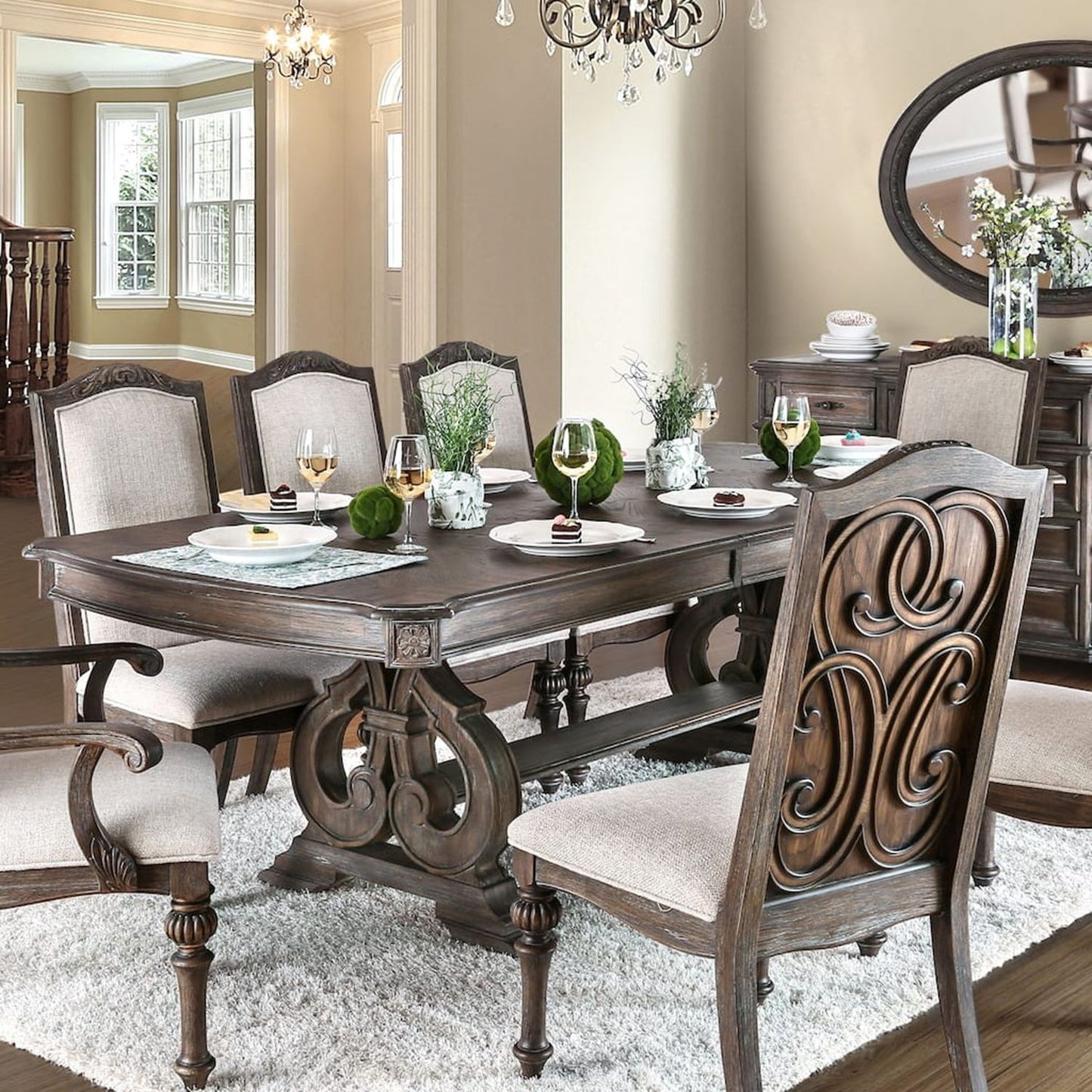 Dining Table Set With Expandable Leaf, 9 Piece Upholstered Chairs - Ivory / Natural / Natural / Rustic