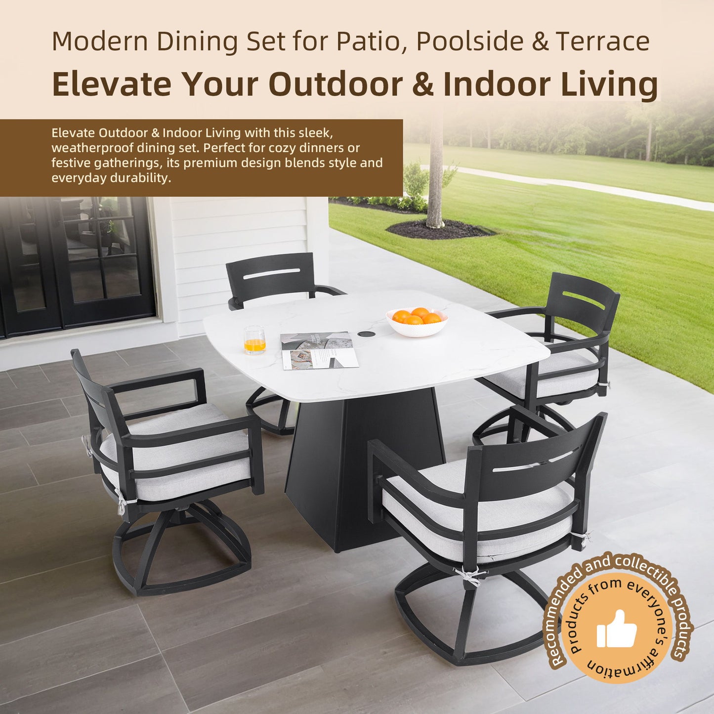 Outdoor Patio Dining Set, Squircle Dining Table, Dining Chairs With Sunbrella Cushions