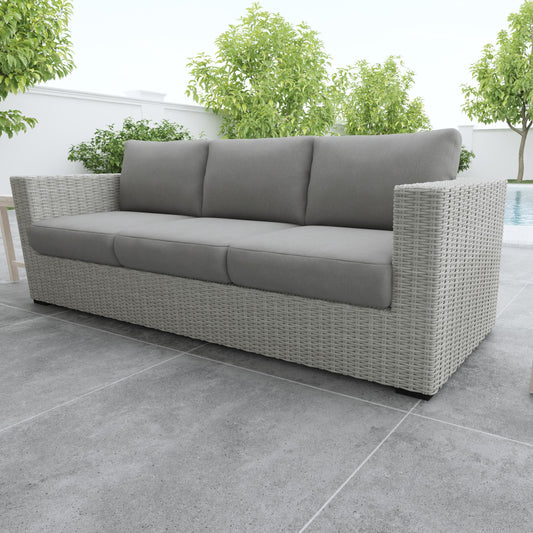 Deep Cushioned Outdoor Sofa w/ Half Round Wicker - HDPE Resin Wicker, Solution-Dyed Acrylic Covers