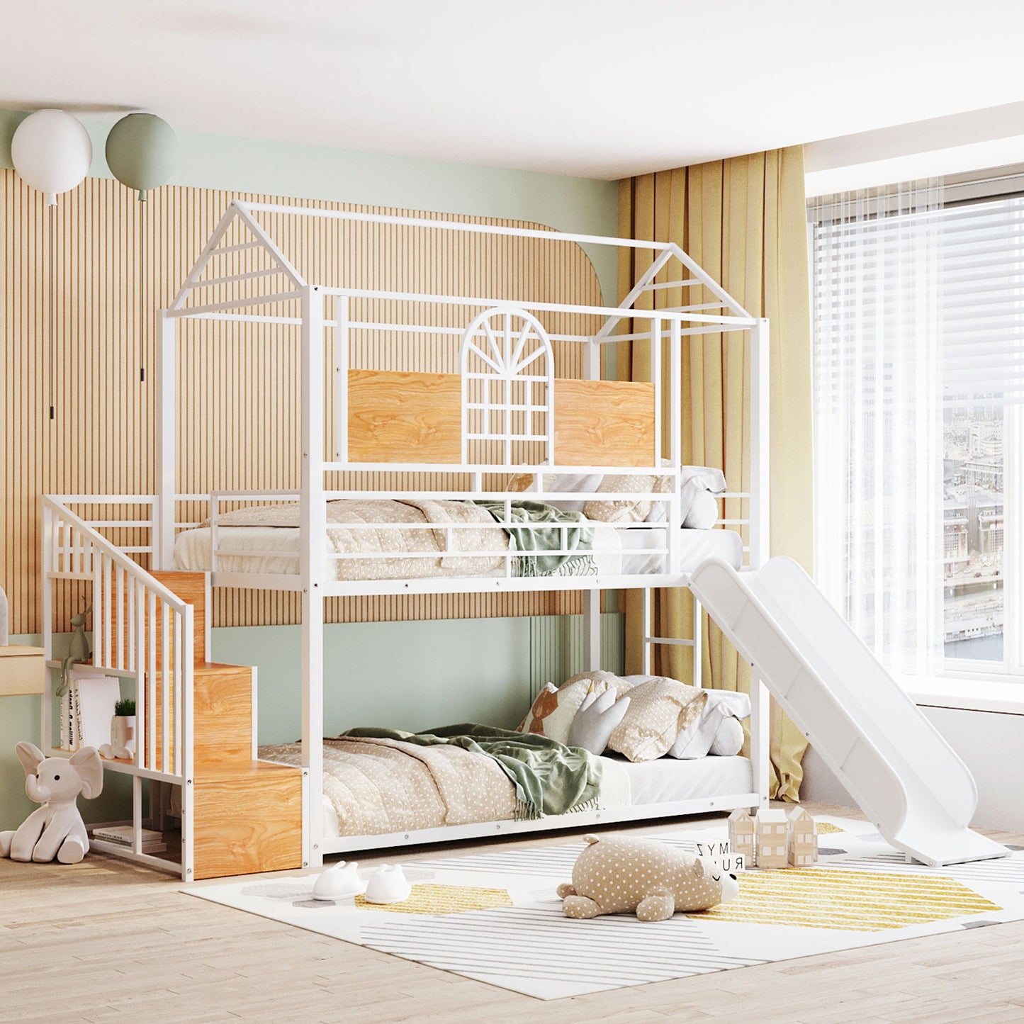 Metal Bunk Bed, Metal Housebed With Slide And Storage Stair