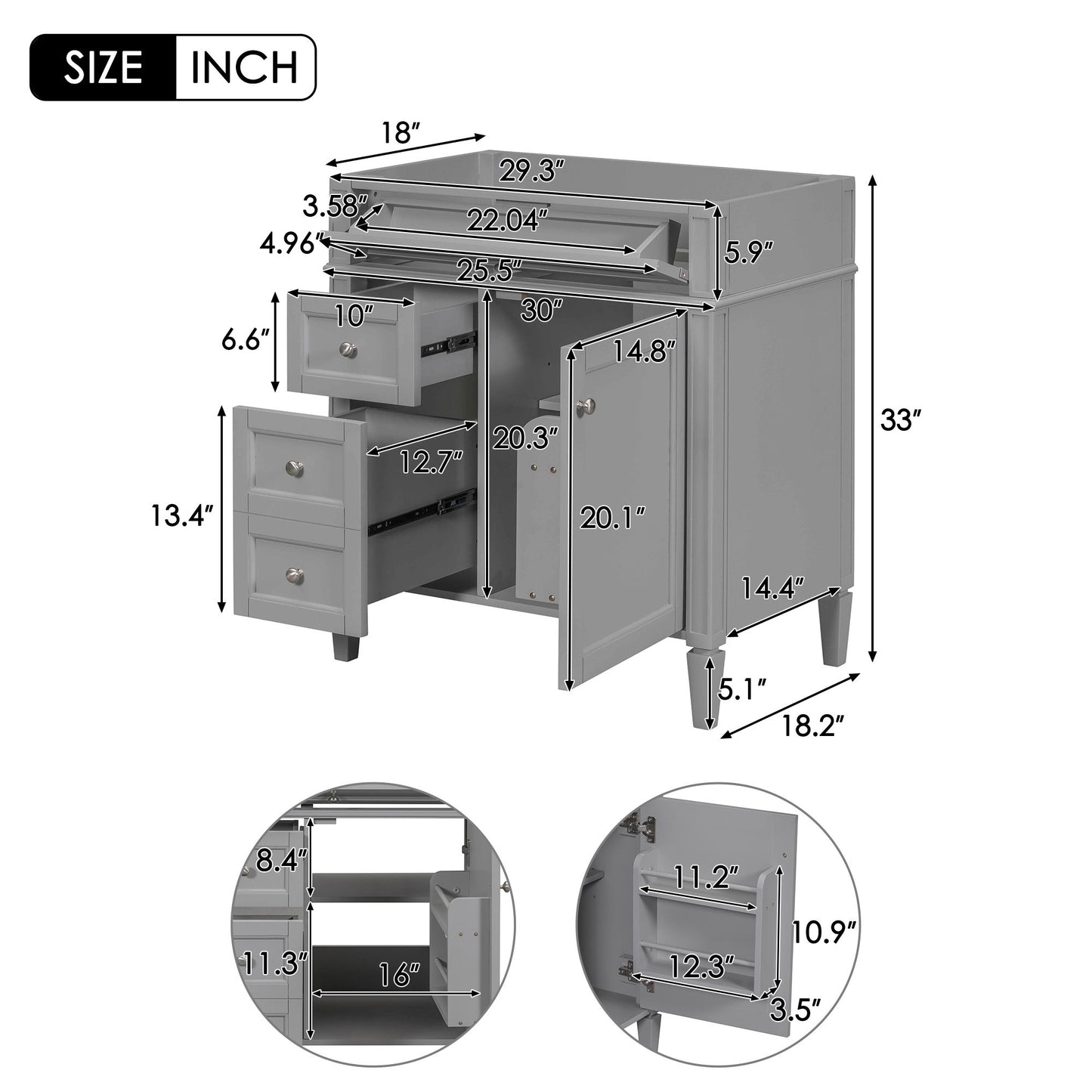 Bathroom Vanity With 2 Drawers And Tip-Out Drawer, Storage Cabinet